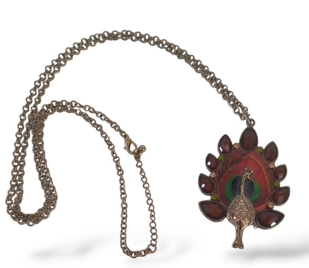 Peacock Necklace Vintage Look 30" Chain Goldtone Chain Brown Stones Boho 70's